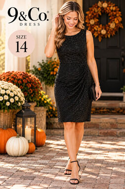 9 & Co Black Silver Metallic Shimmer Ruched Knee Length Dress Size 14